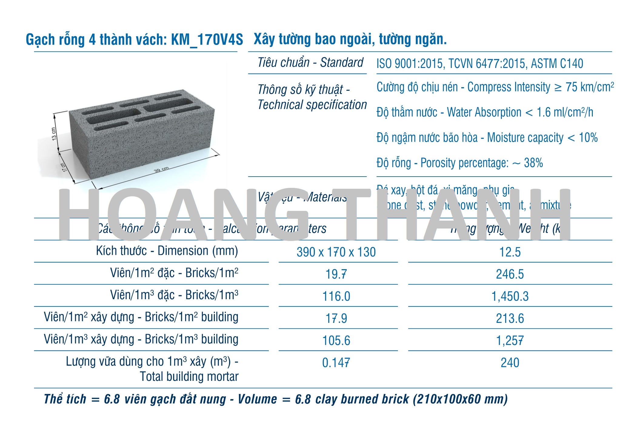 Gạch XMCL cao 130 xây tường rỗng 105mm(2 vách)